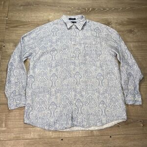 Grant Thomas Shirt Mens XL Blue White Paisley‎ Pure Linen Button Front Casual